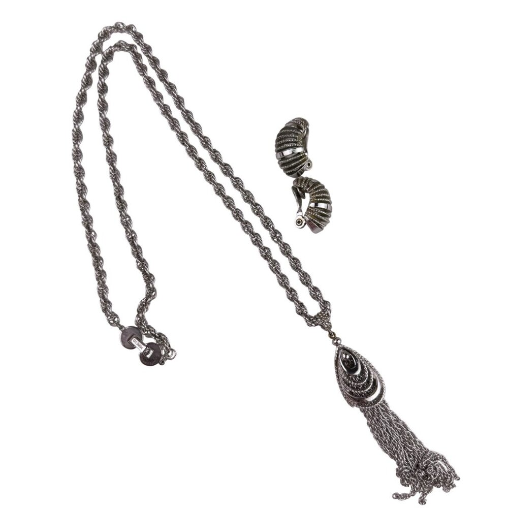 Monet Womens Silver Tone Metal Tassel Necklace & Matching Clip-On Earrings